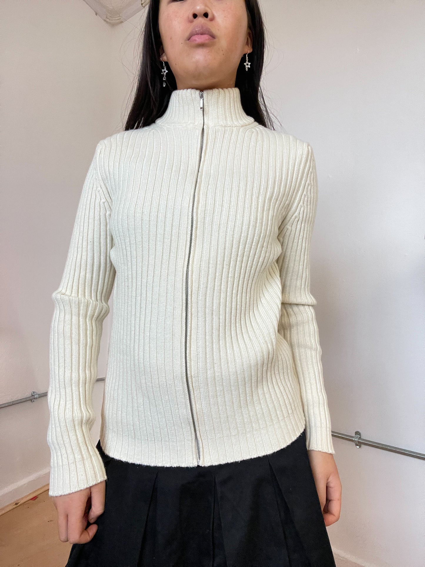 Cream beige zip up knit ribbed jumper