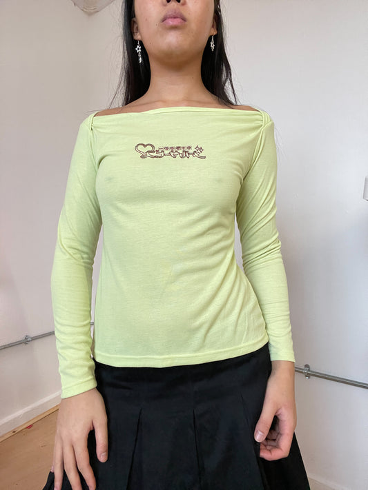 Green graphic print boatneck top