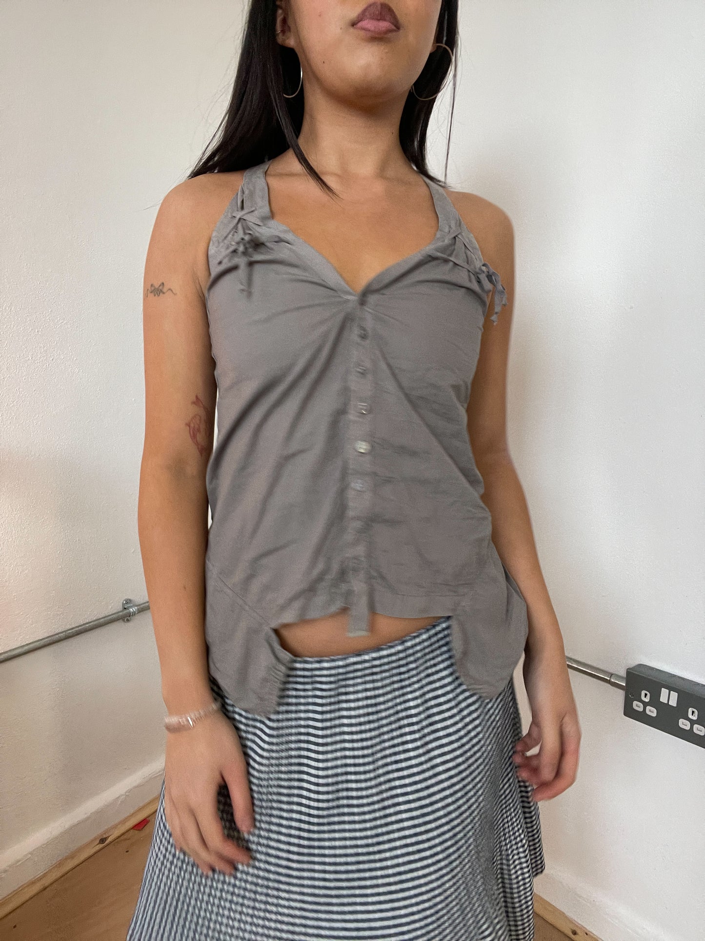 Grey button up detailed cop copine cami top