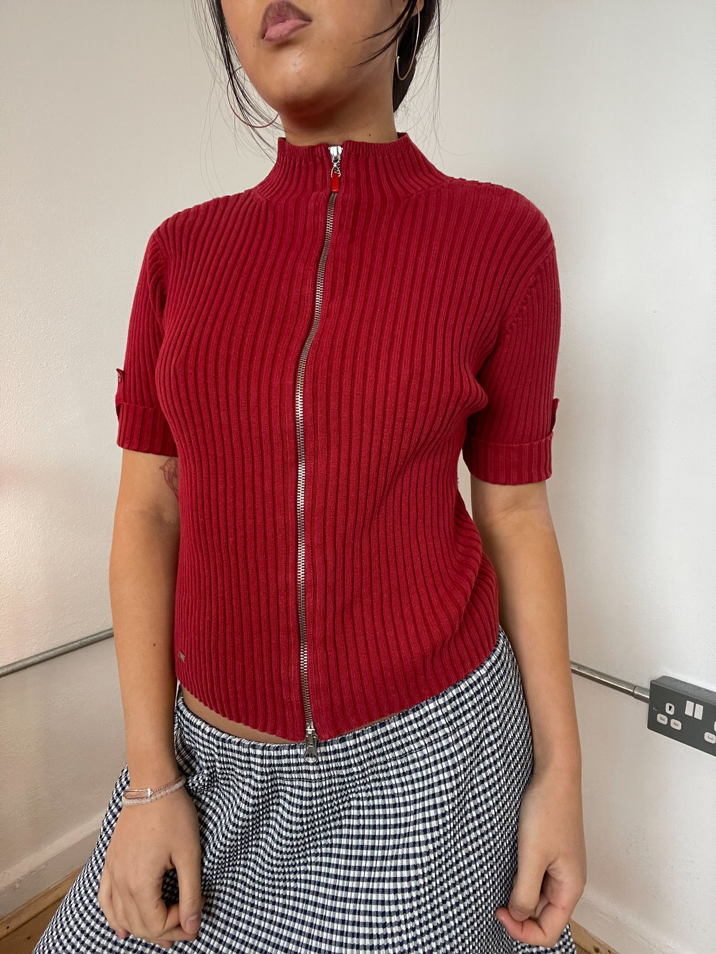 Red ribbed double-zip jumper top