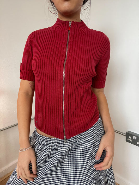 Red ribbed double-zip jumper top