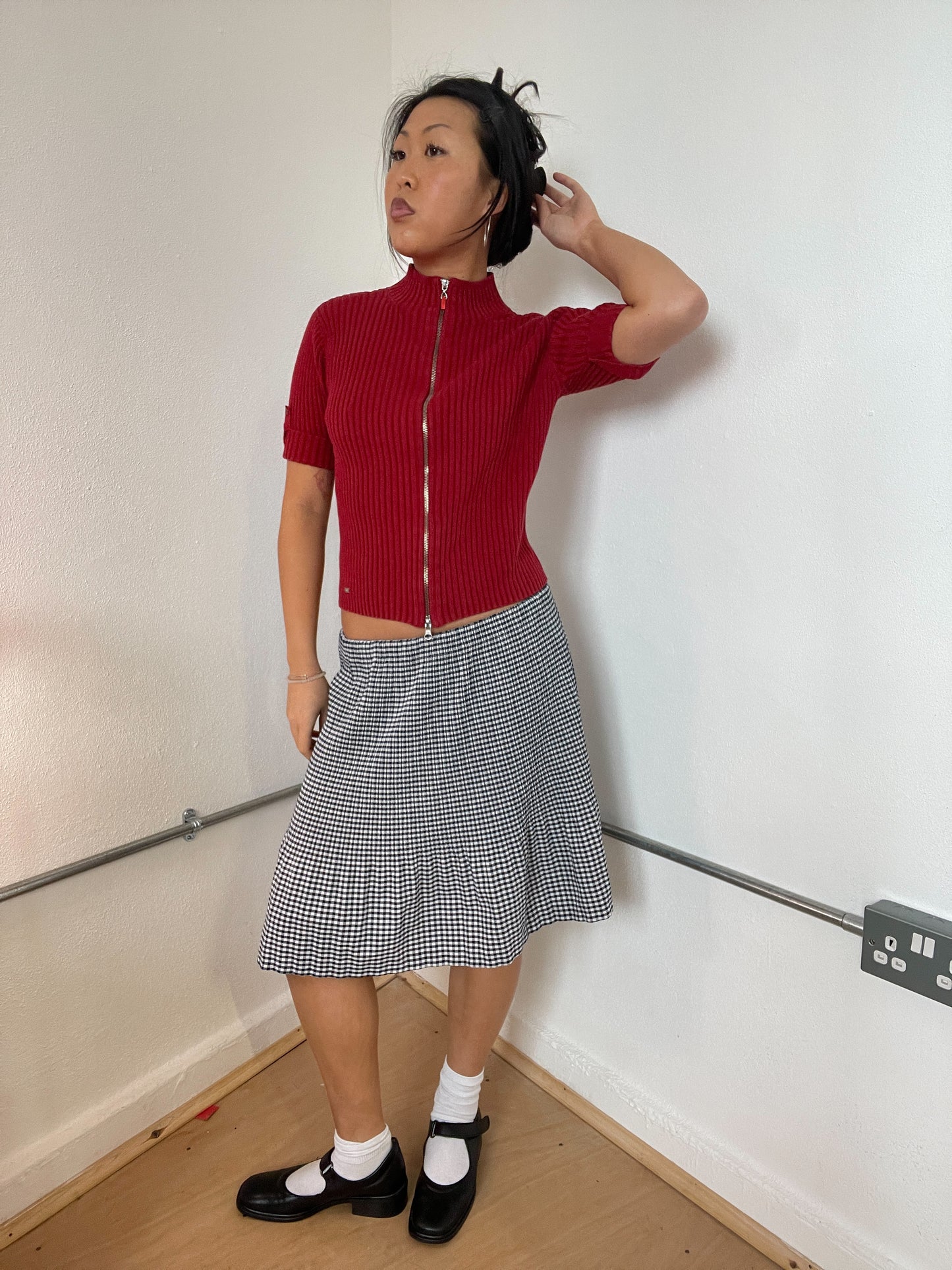 Red ribbed double-zip jumper top