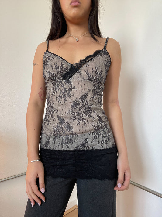 Silver And Black Contrast Lace Long Sleeve Shirt and Top set