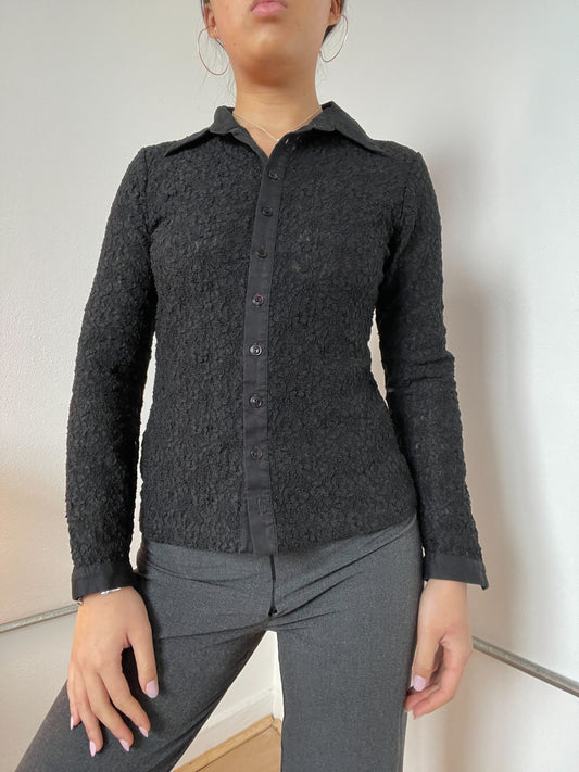 Black Long Sleeve Collared Textured Shirt