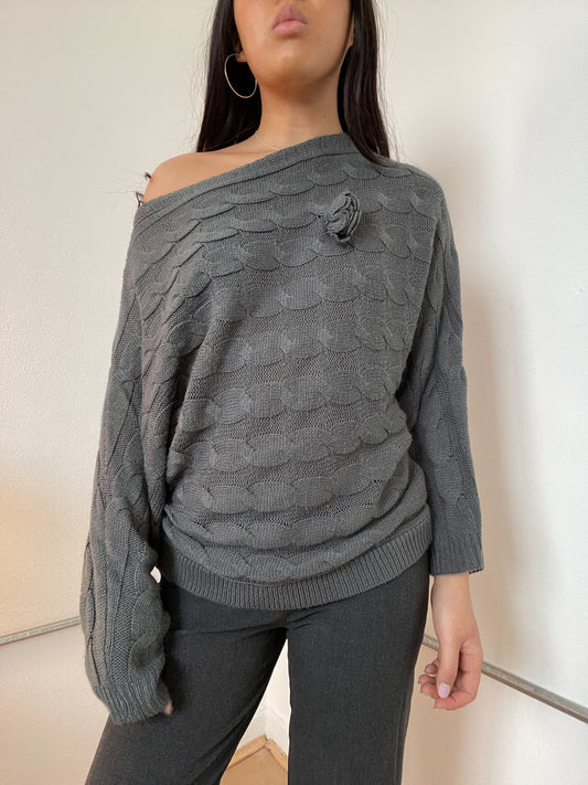 Grey Knitted Off The Shoulder Long Sleeve Jumper