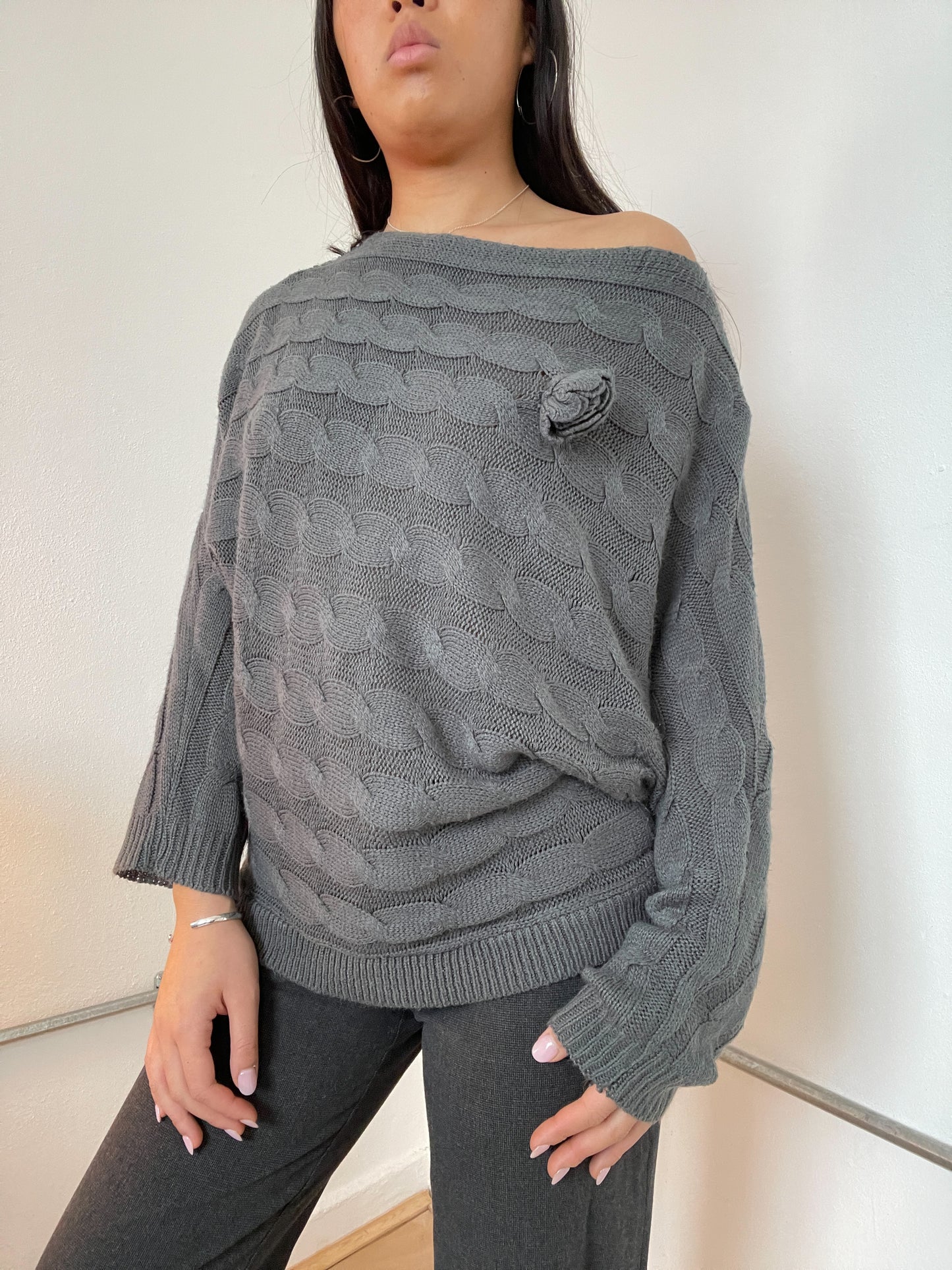 Grey Knitted Off The Shoulder Long Sleeve Jumper