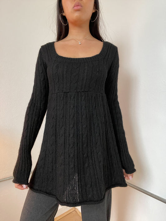 Black Knitted Long Sleeve A-Line Dress