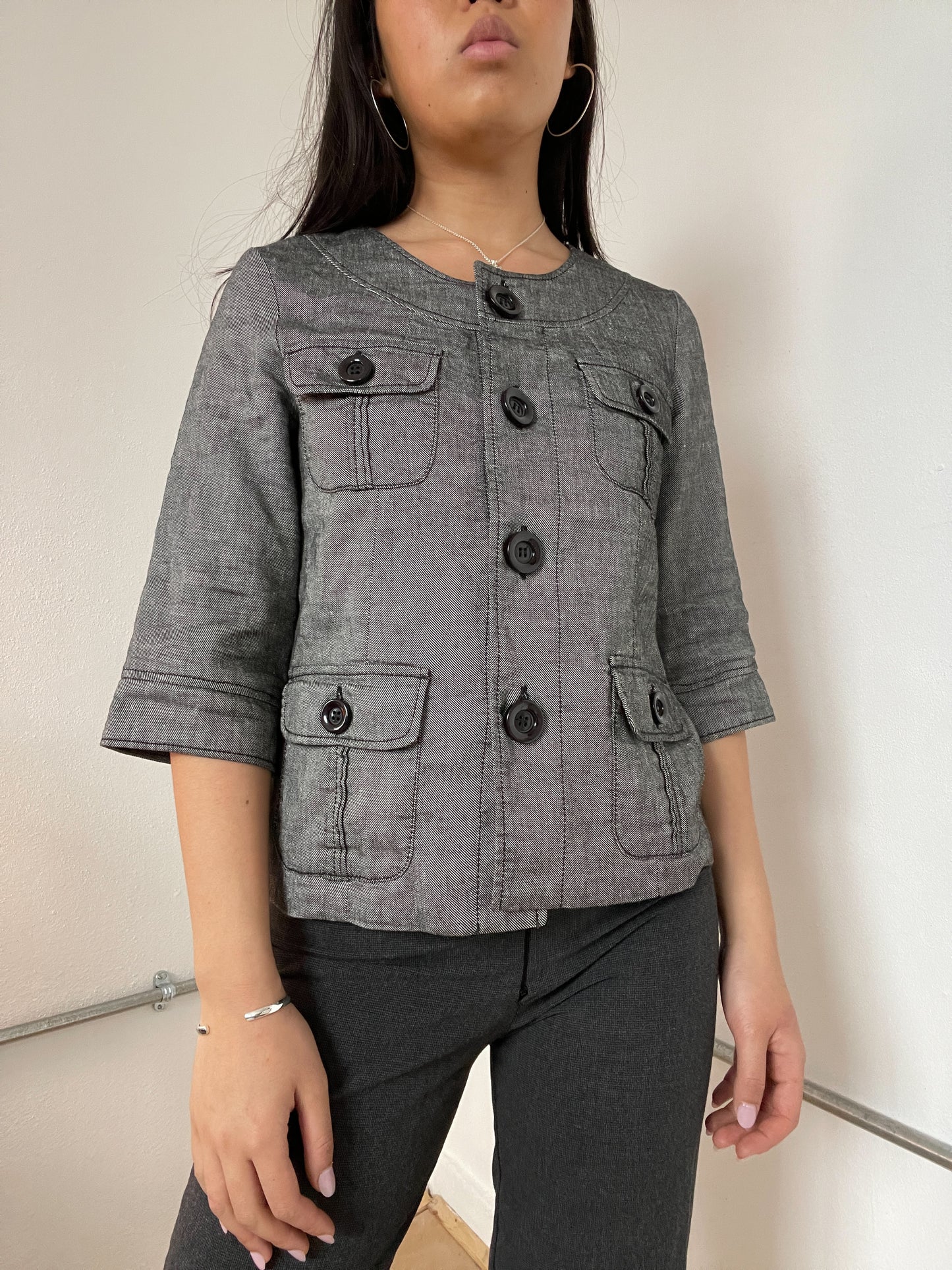 Grey Asymmetric Button Utility Shirt Jacket