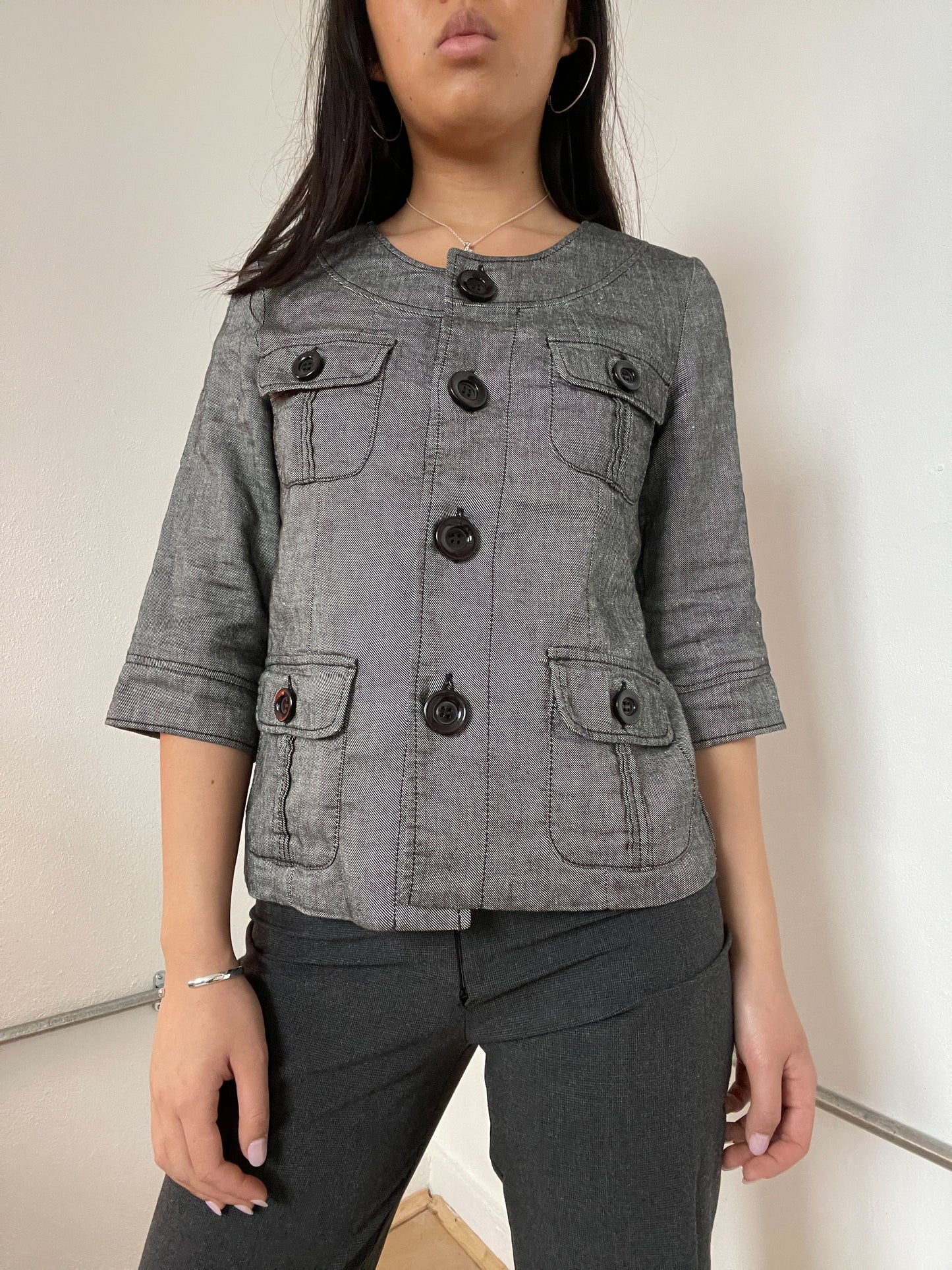 Grey Asymmetric Button Utility Shirt Jacket