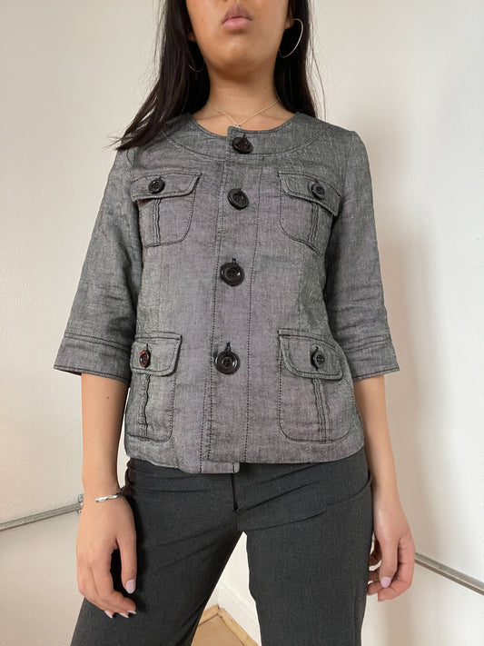 Grey Asymmetric Button Utility Shirt Jacket