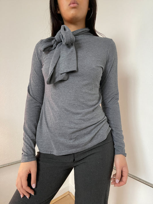 Grey Tie Collar Long Sleeve Top
