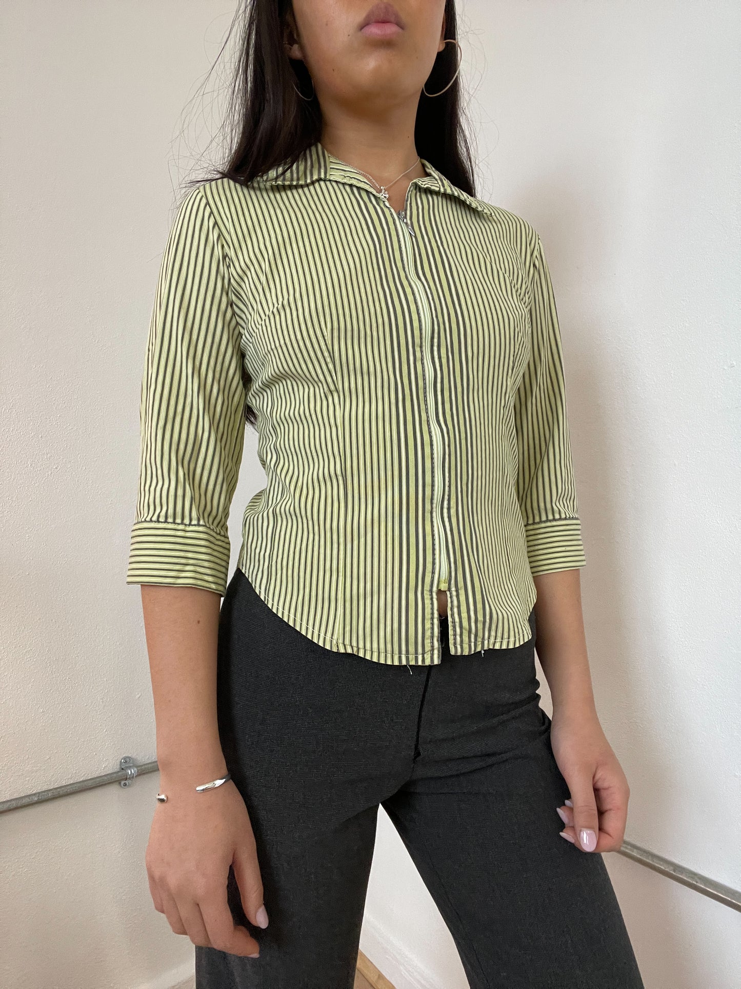 Green Stripy Zip Up Collared Top
