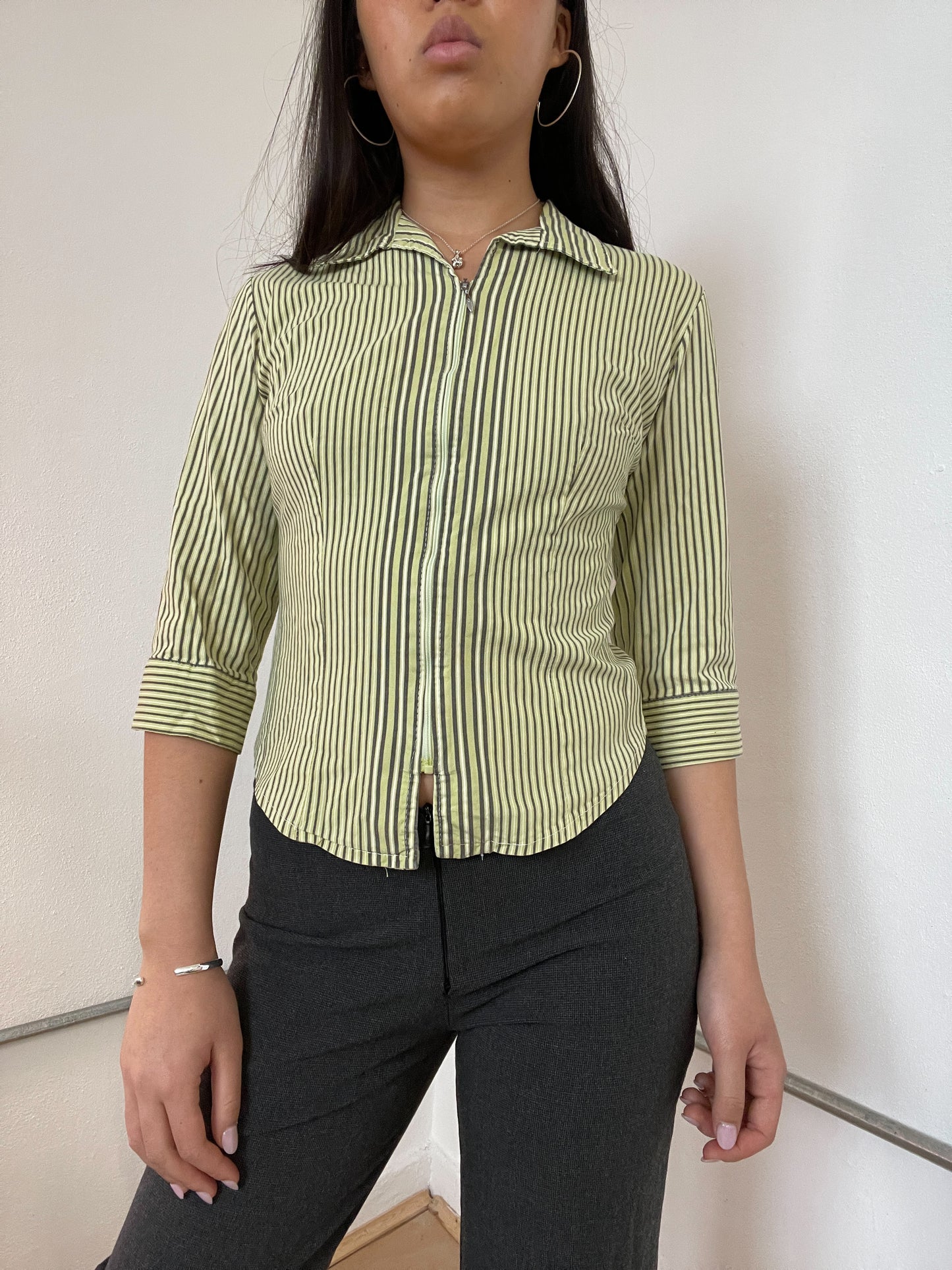 Green Stripy Zip Up Collared Top