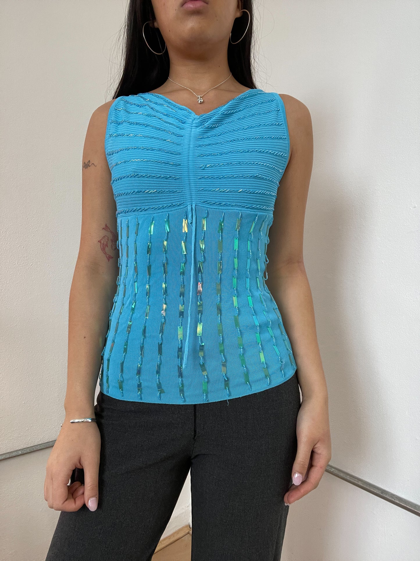 Blue Textured Sequin Top
