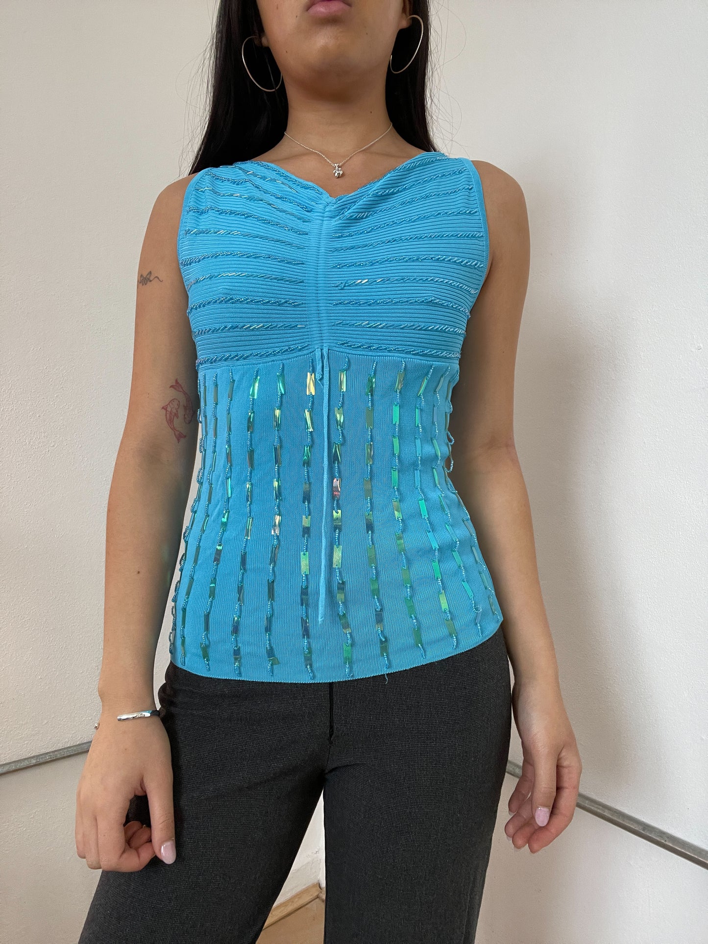 Blue Textured Sequin Top