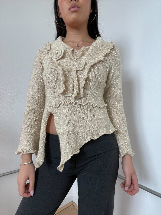 Cream Knitted Long Sleeve Frilly Top
