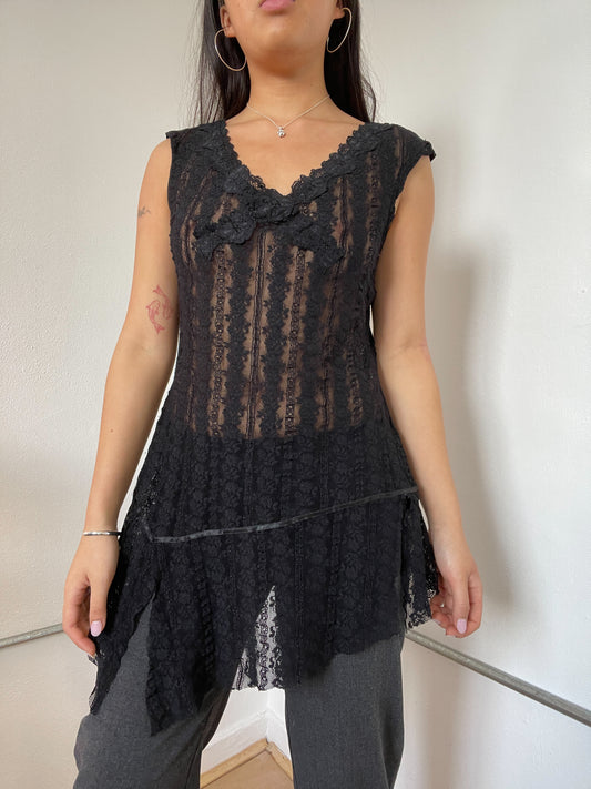Black Sheer Lace Asymmetric Dress