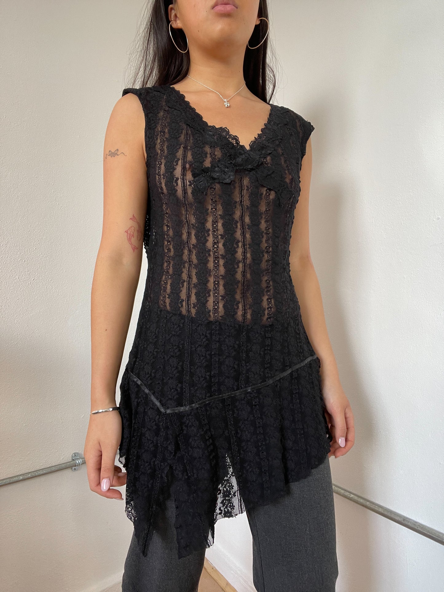 Black Sheer Lace Asymmetric Dress