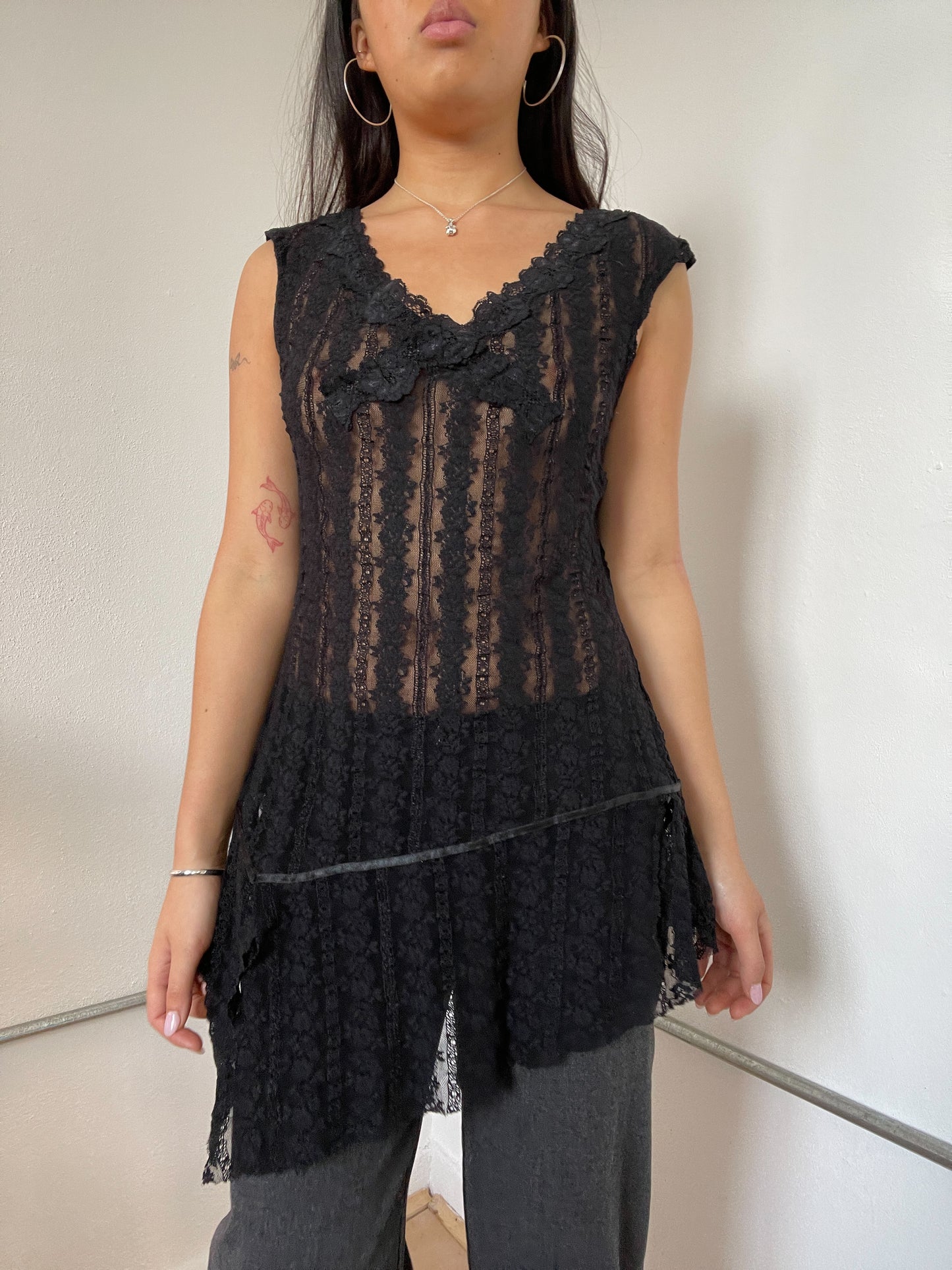 Black Sheer Lace Asymmetric Dress
