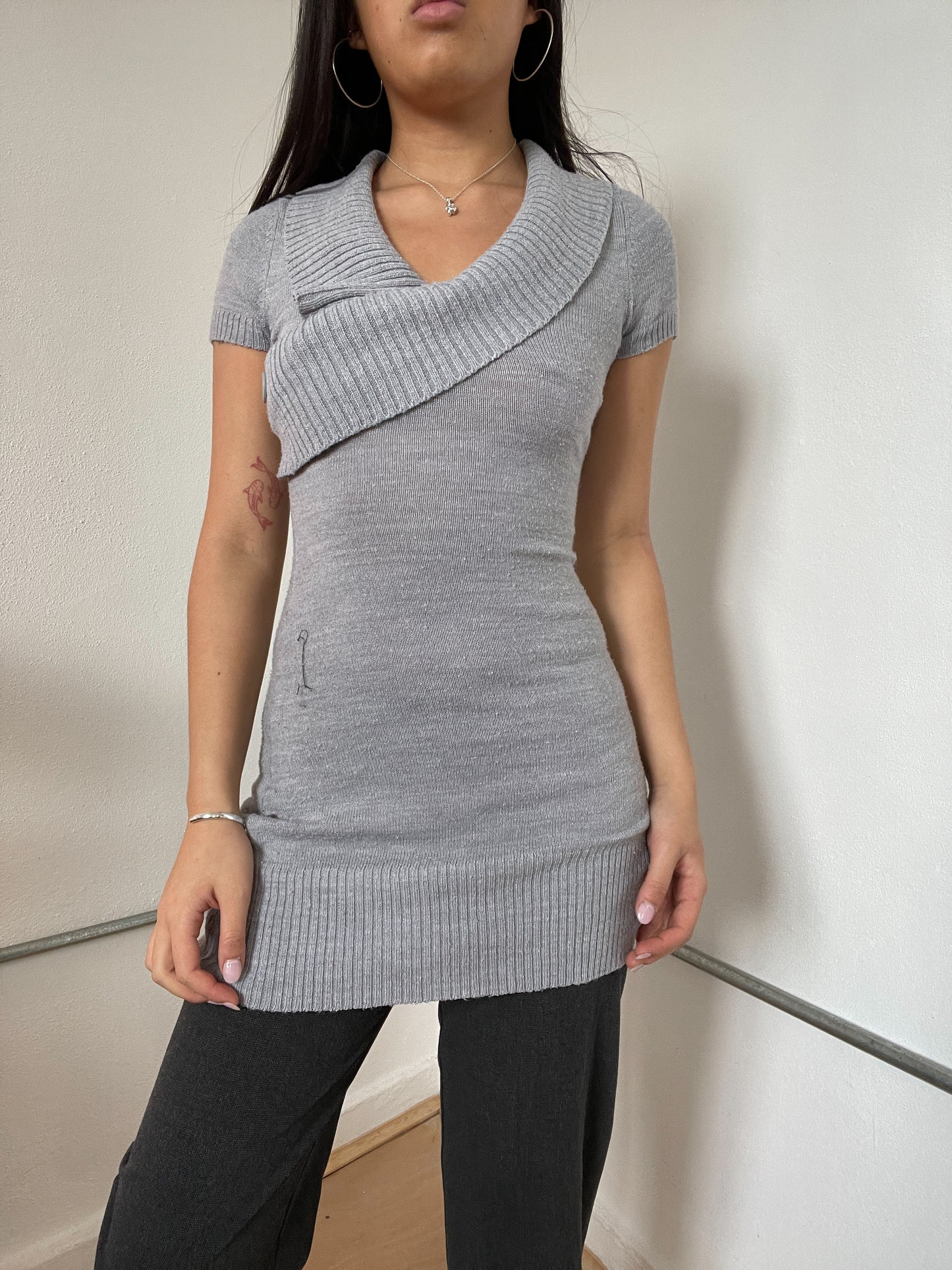Grey Knitted Short Sleeve Dress