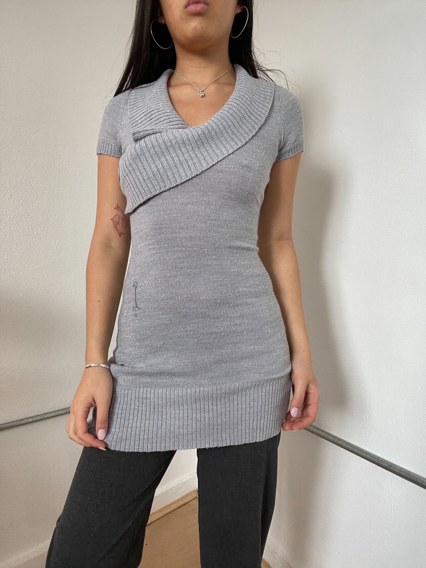 Grey Knitted Short Sleeve Dress