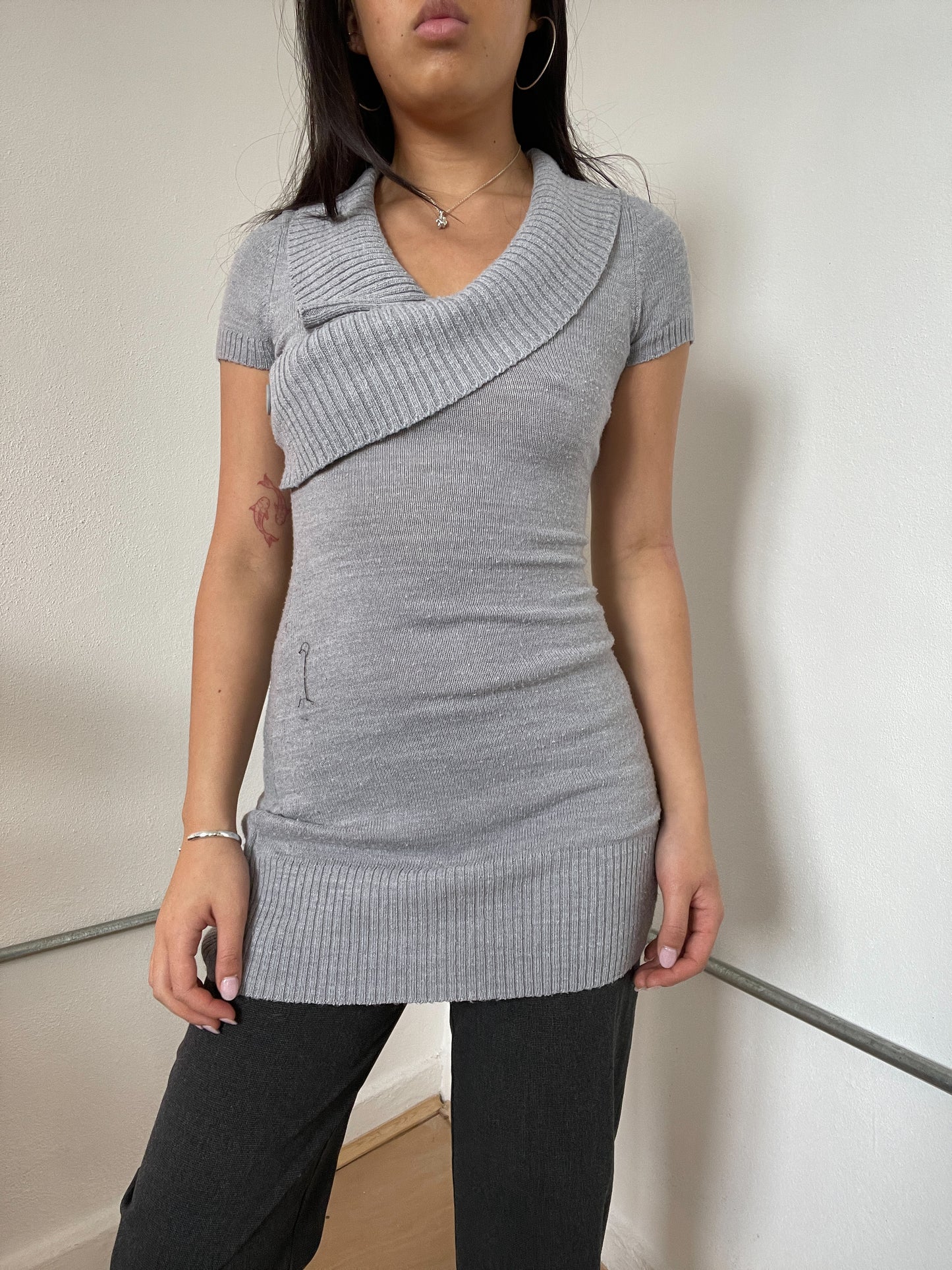 Grey Knitted Short Sleeve Dress