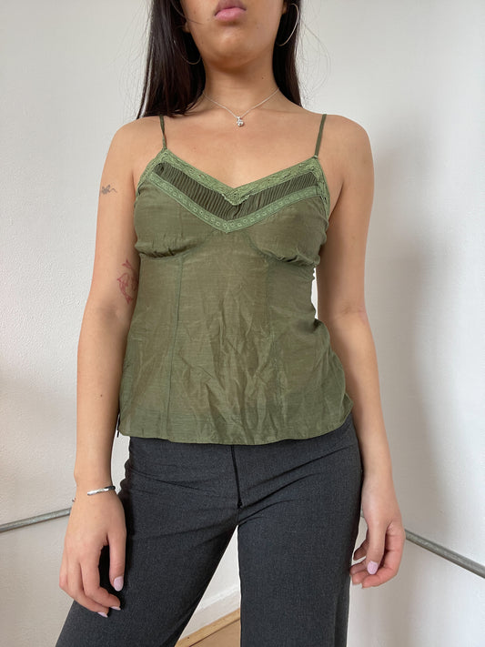 Green Two-toned Pleated Cami Top