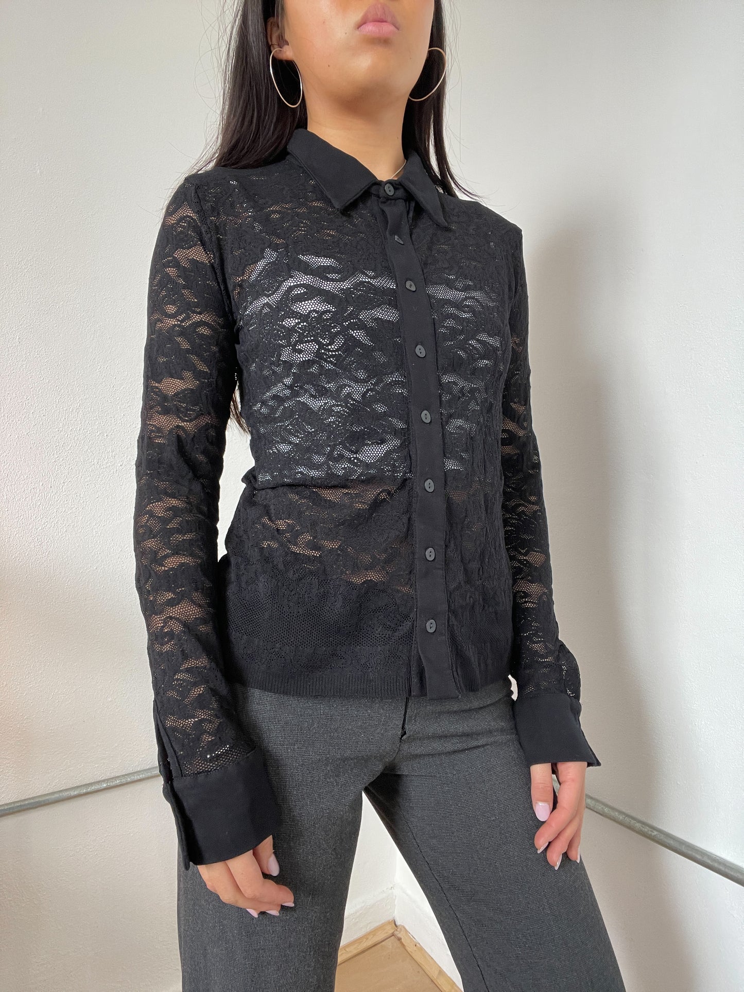 Black Sheer Patterned Long Sleeve Button Up