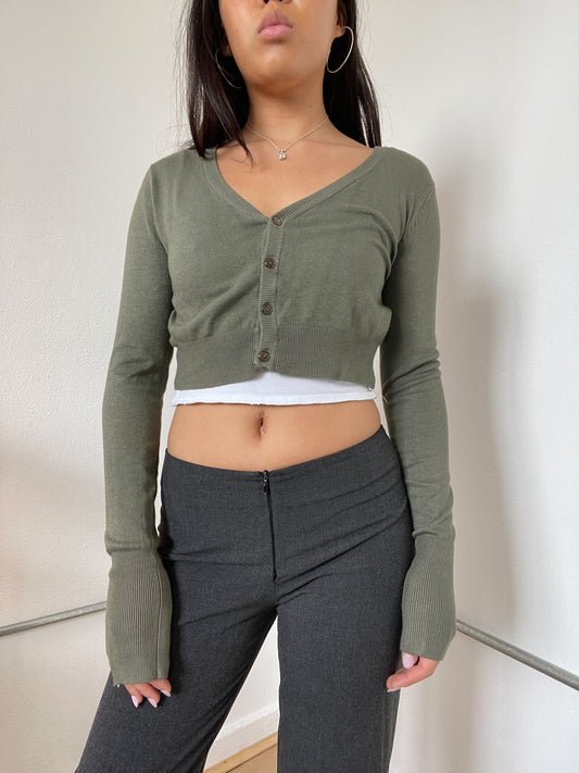 Khaki Green Long sleeve crop top