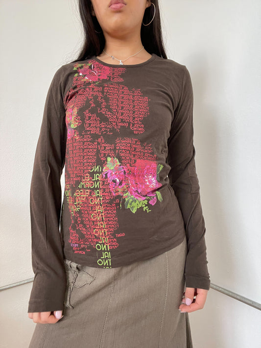 Brown Long Sleeve Graphic Top