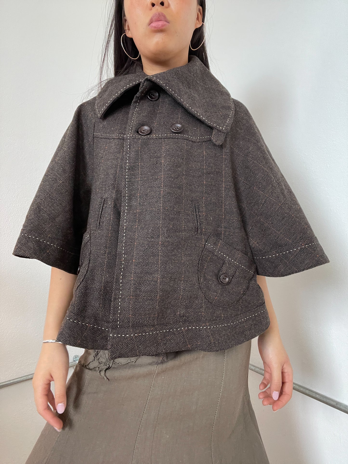 Brown Checkered Asymmetric A-Line Swing Jacket