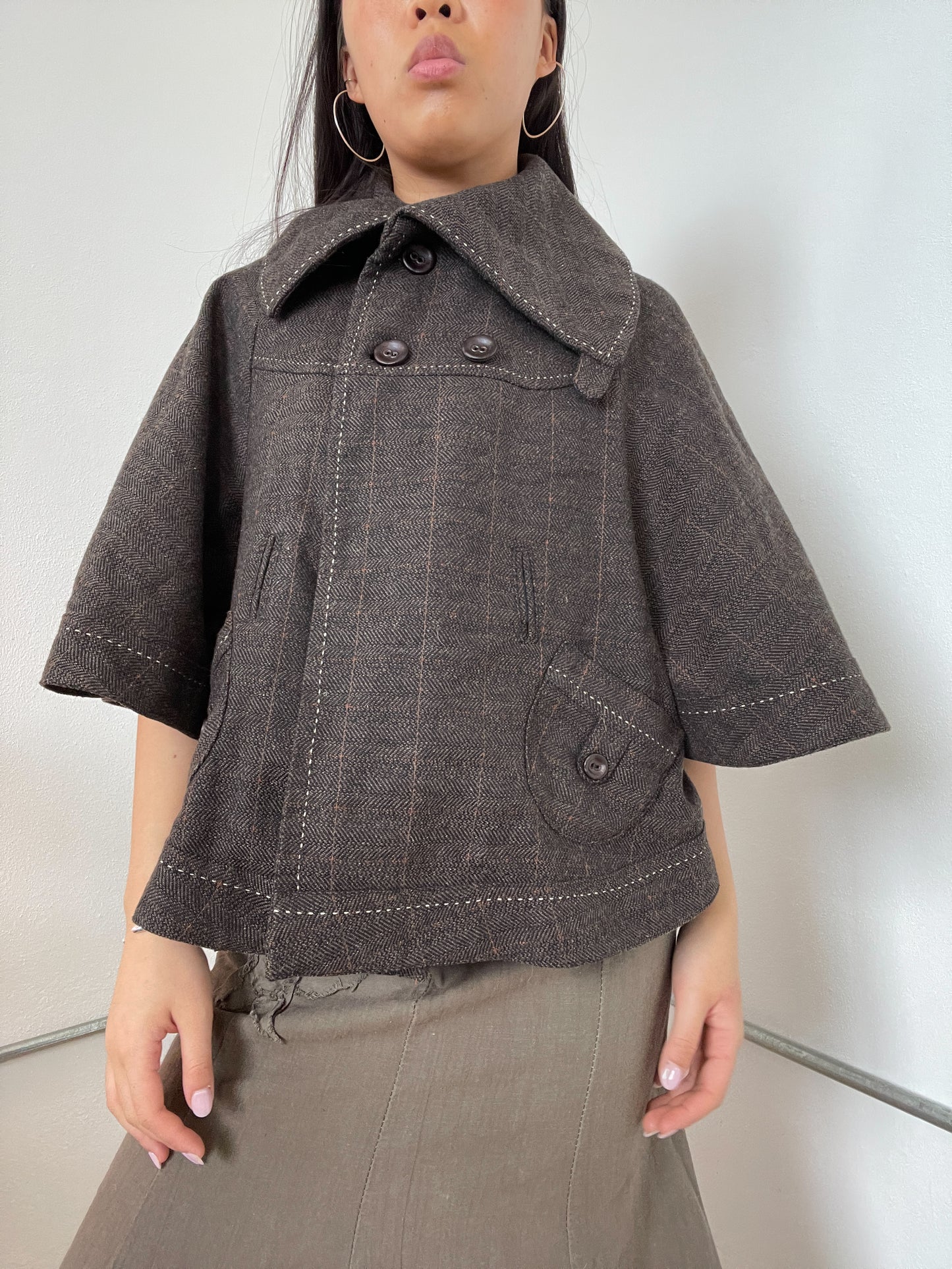 Brown Checkered Asymmetric A-Line Swing Jacket