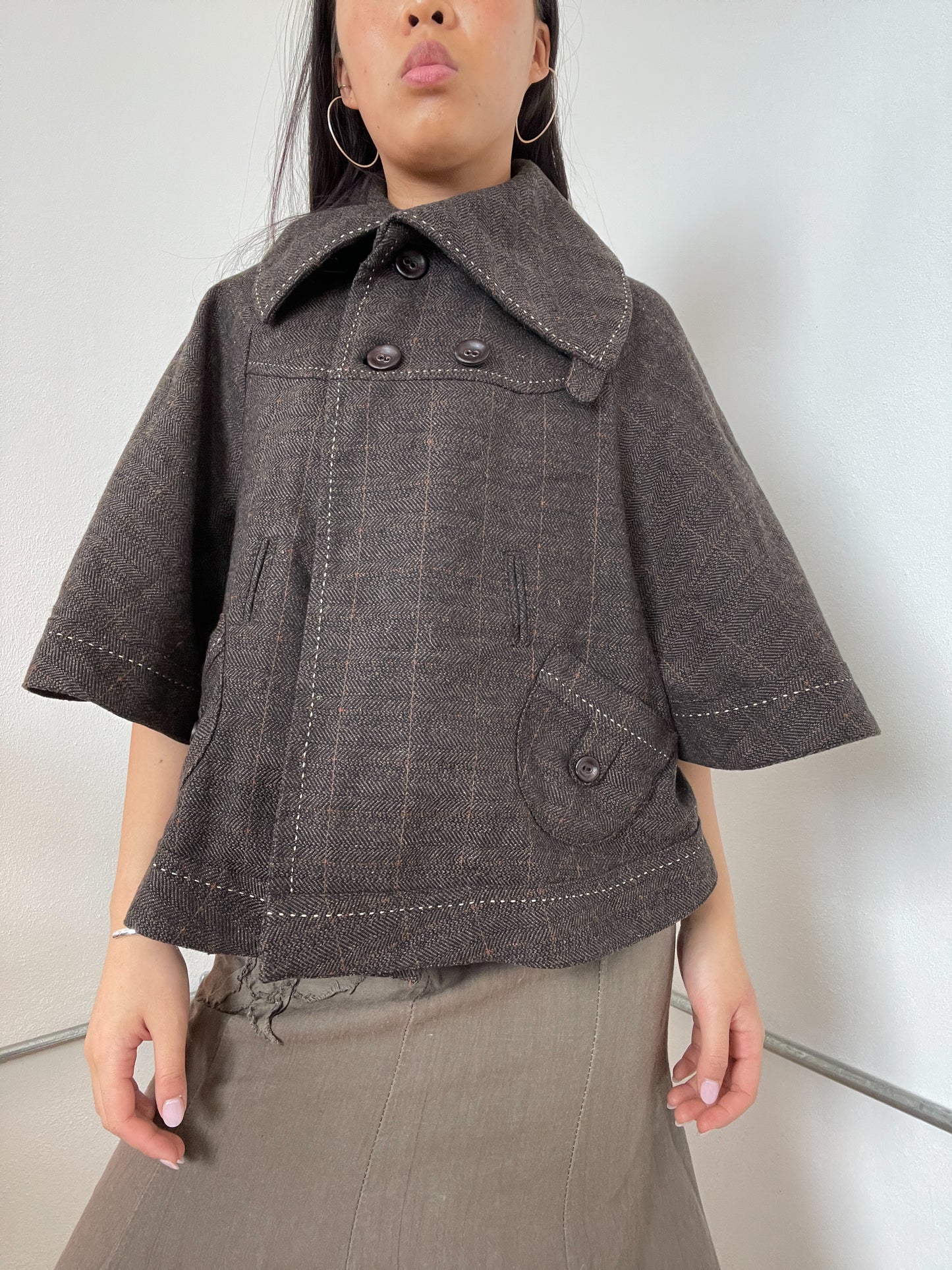 Brown Checkered Asymmetric A-Line Swing Jacket