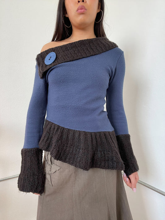 Two Toned One Shoulder Long Sleeve Knit  jumper