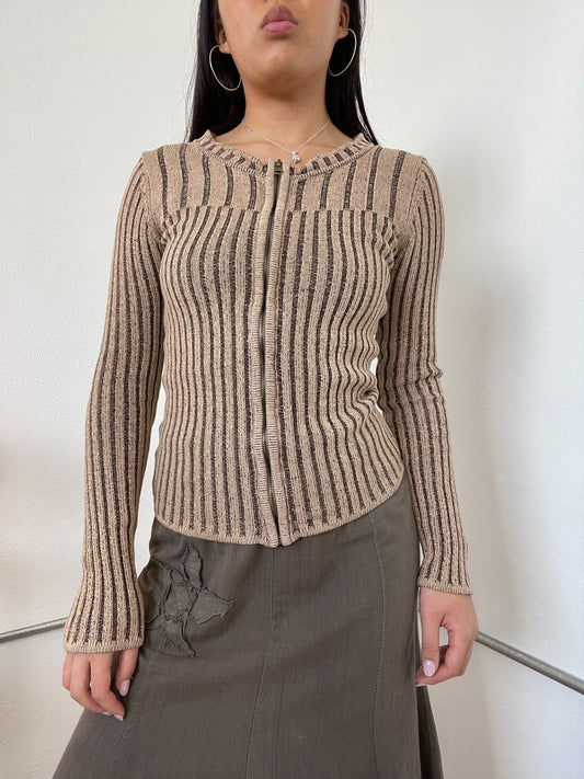 Brown Two-Toned Ribbed Zip Up Cardigan