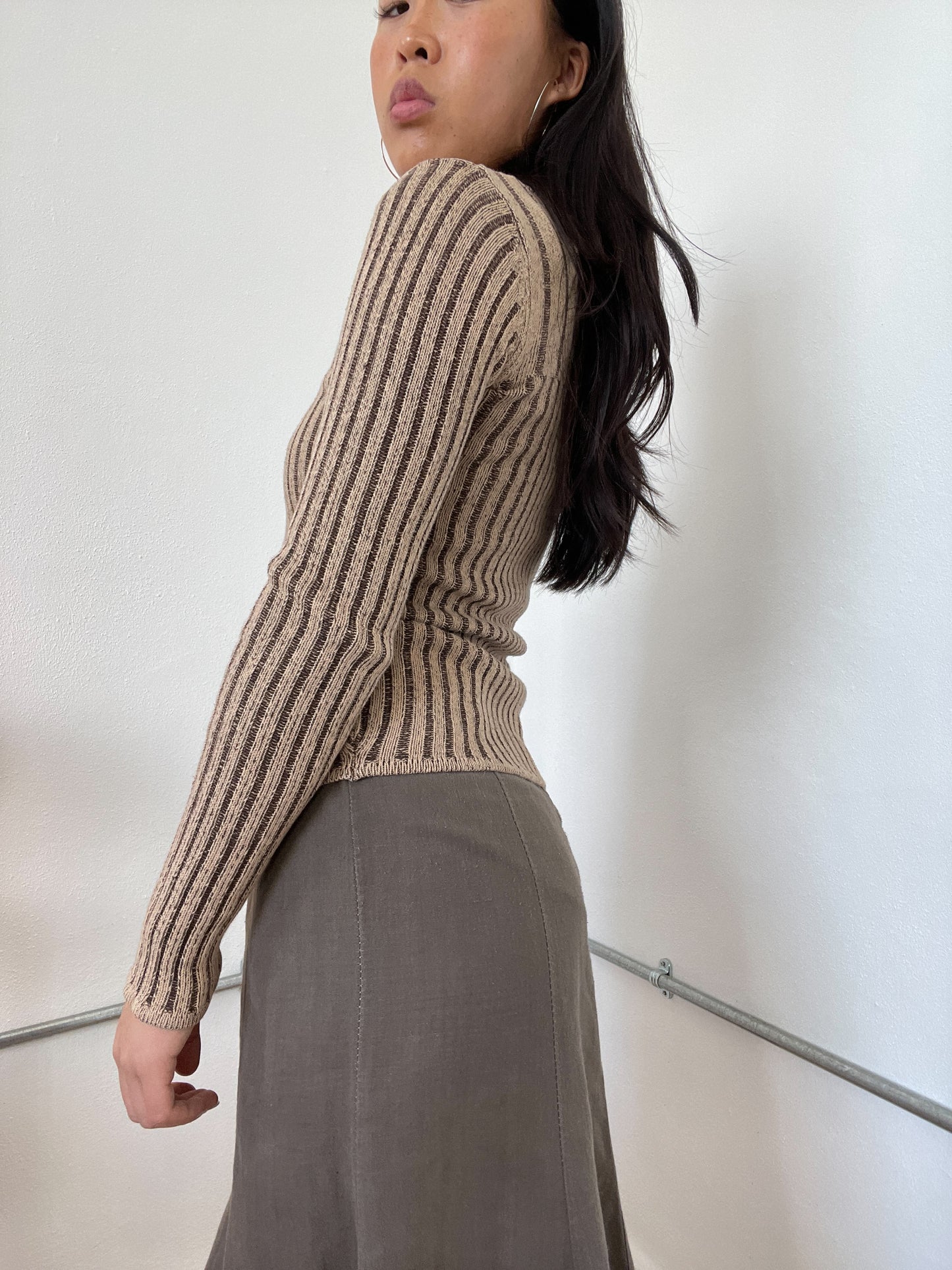 Brown Two-Toned Ribbed Zip Up Cardigan