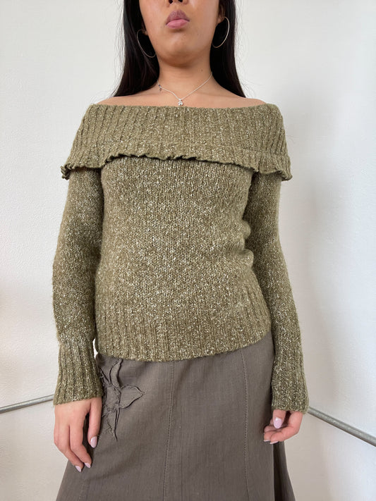 Green Knitted Off The Shoulder Long Sleeve
