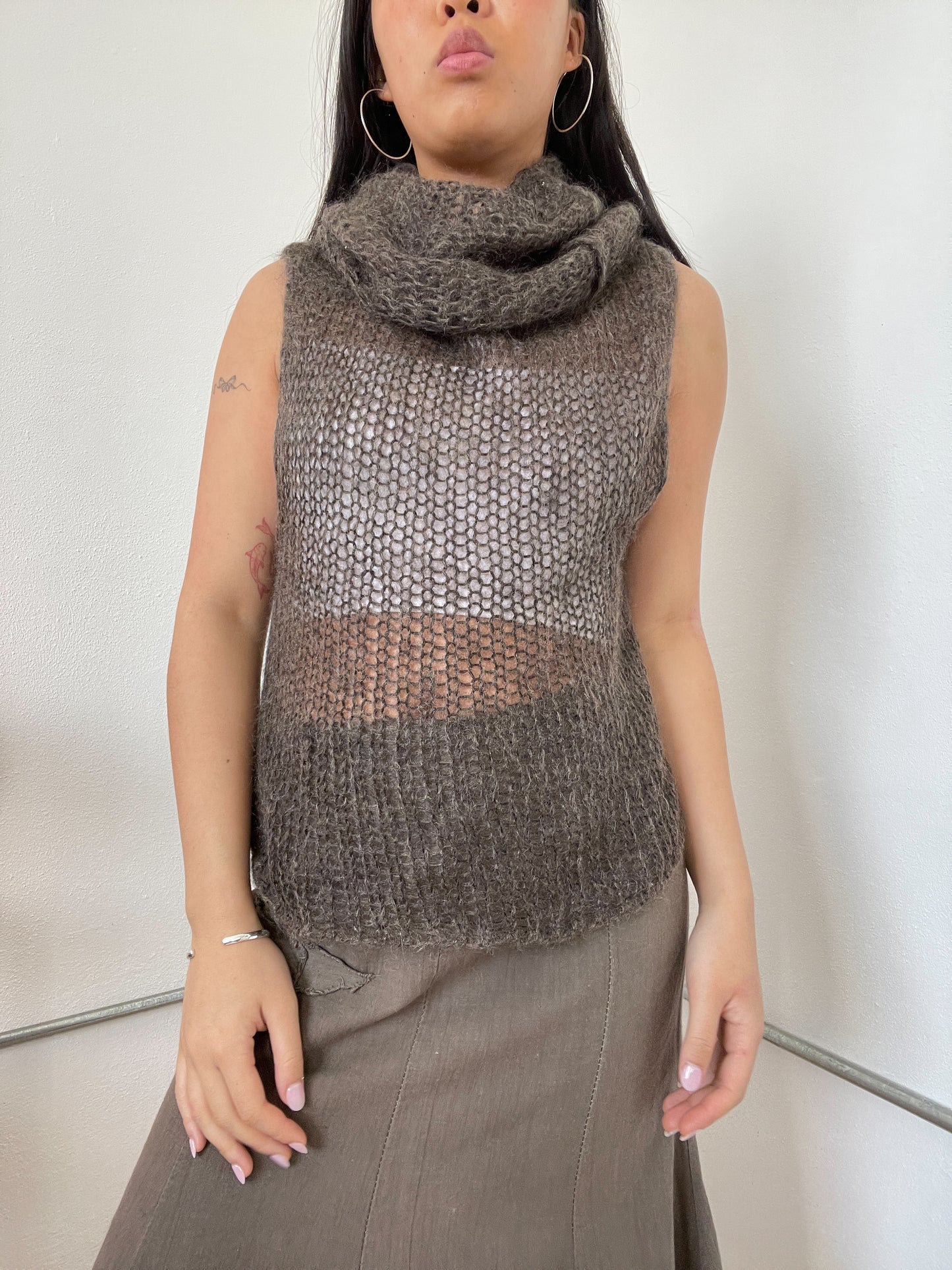 Sarah Pacini Brown Sheer Knitted Vest Top