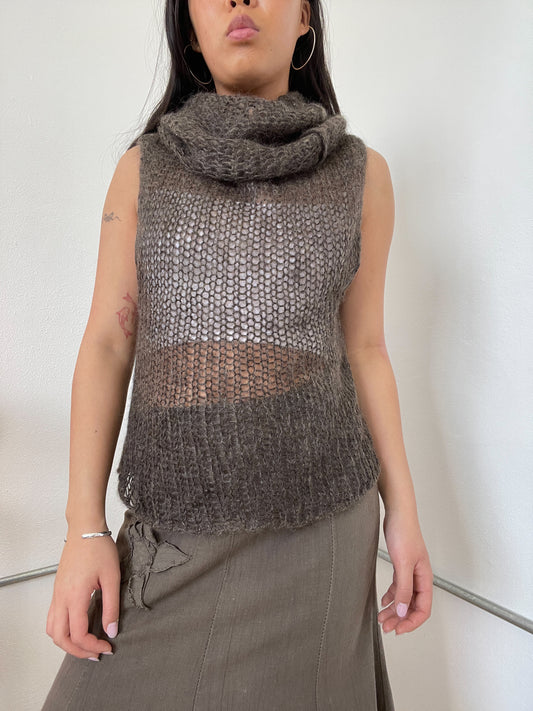 Sarah Pacini Brown Sheer Knitted Vest Top