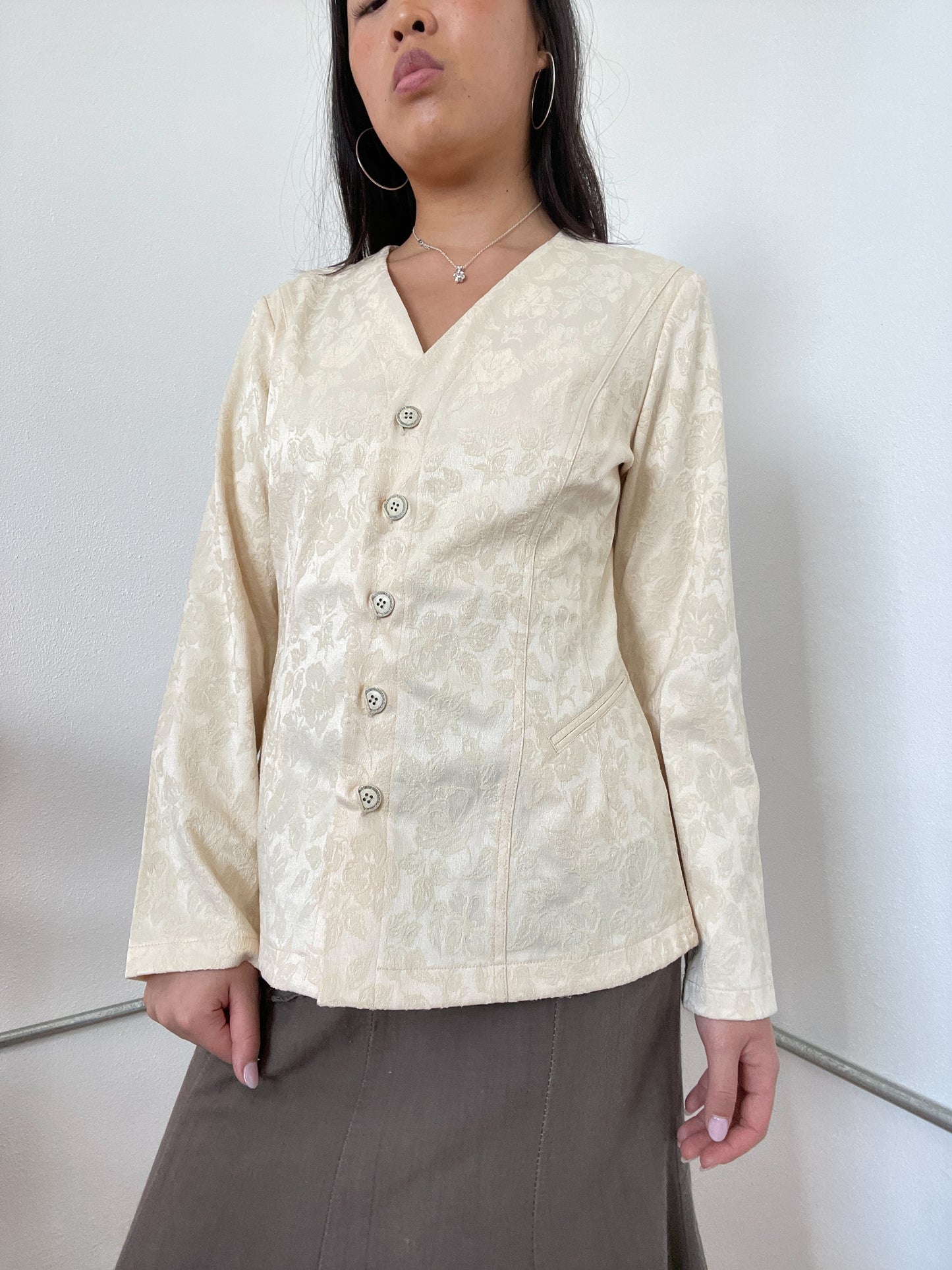 Cream Floral Button Up Shirt Jacket