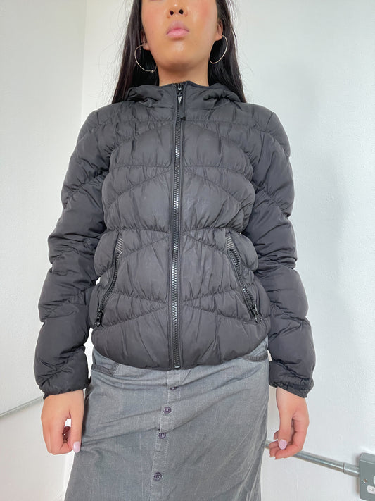 Black Ruched Hooded Puffer Jacket