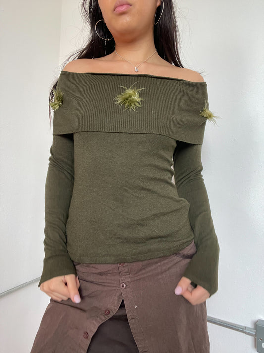 Khaki Knitted Long Sleeve Bardot jumper