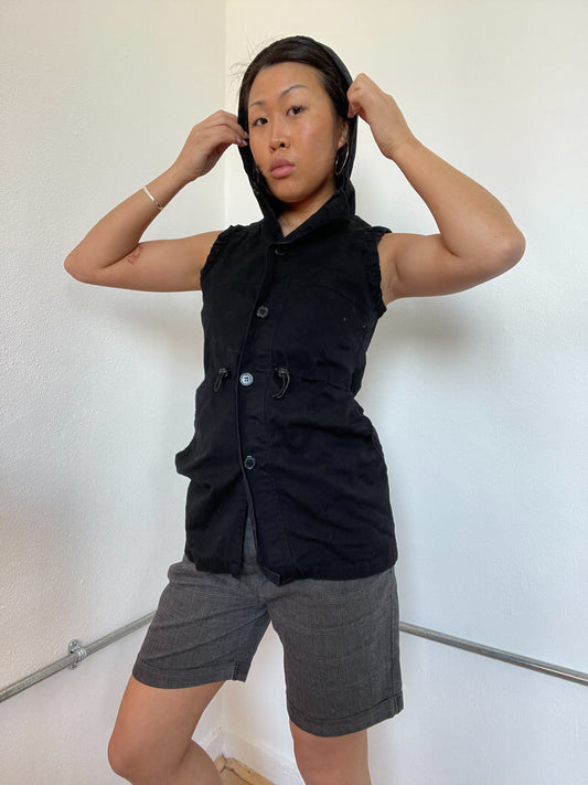 Black Hooded Cargo Vest Jacket