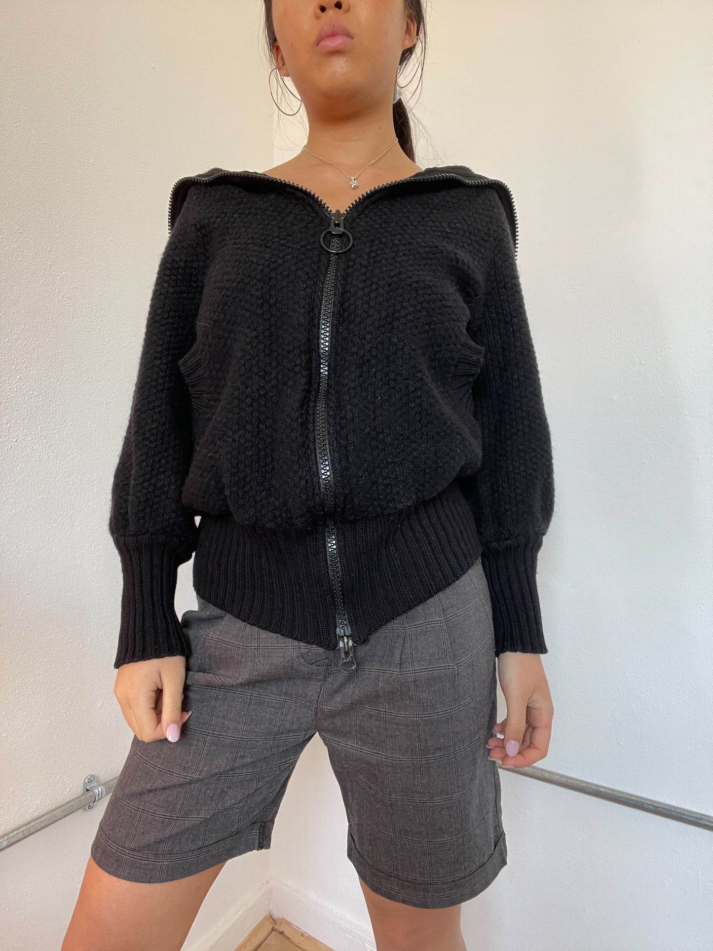 Black Textured Double Zip Cop Copine Knit Jumper