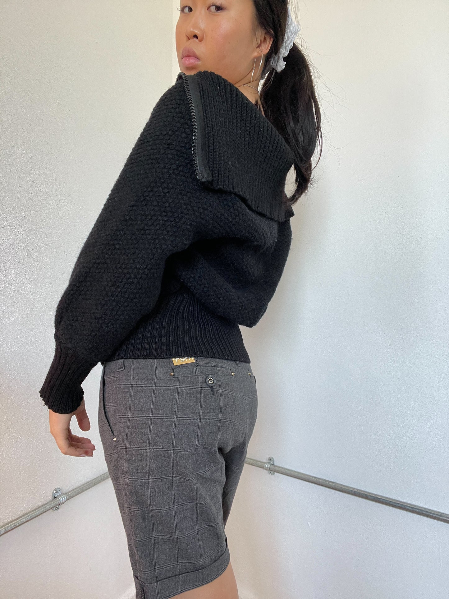 Black Textured Double Zip Cop Copine Knit Jumper