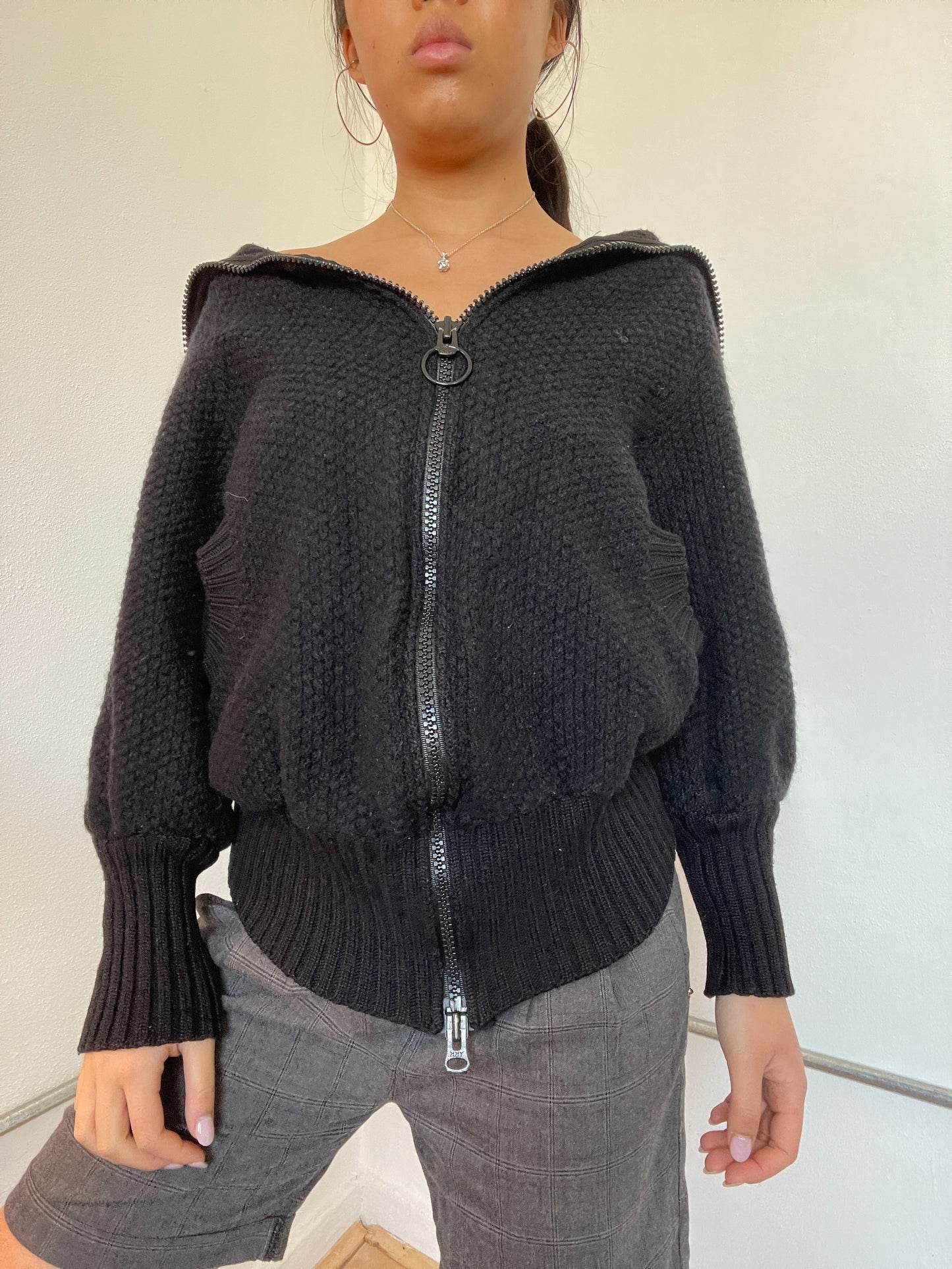 Black Textured Double Zip Cop Copine Knit Jumper