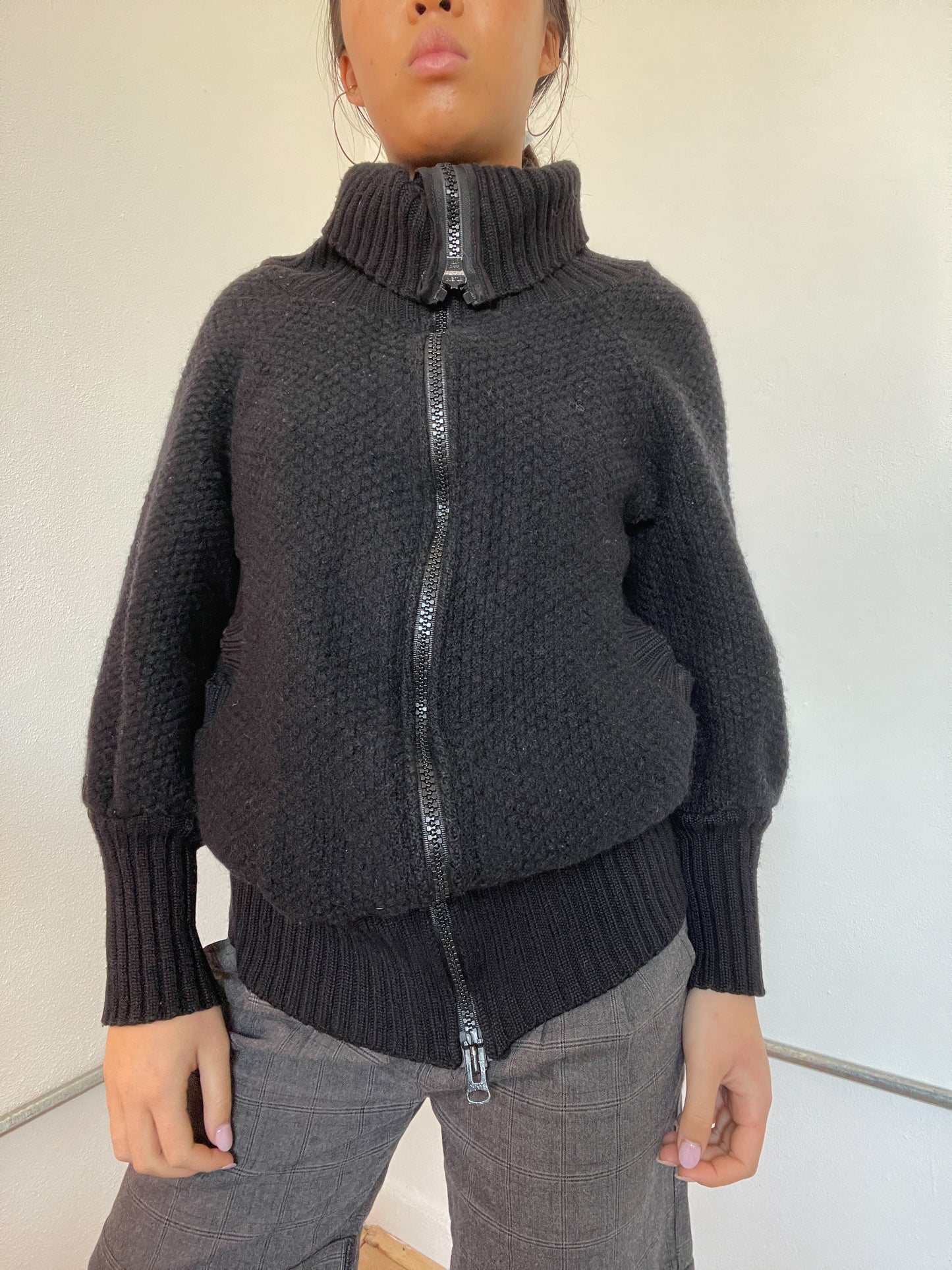 Black Textured Double Zip Cop Copine Knit Jumper