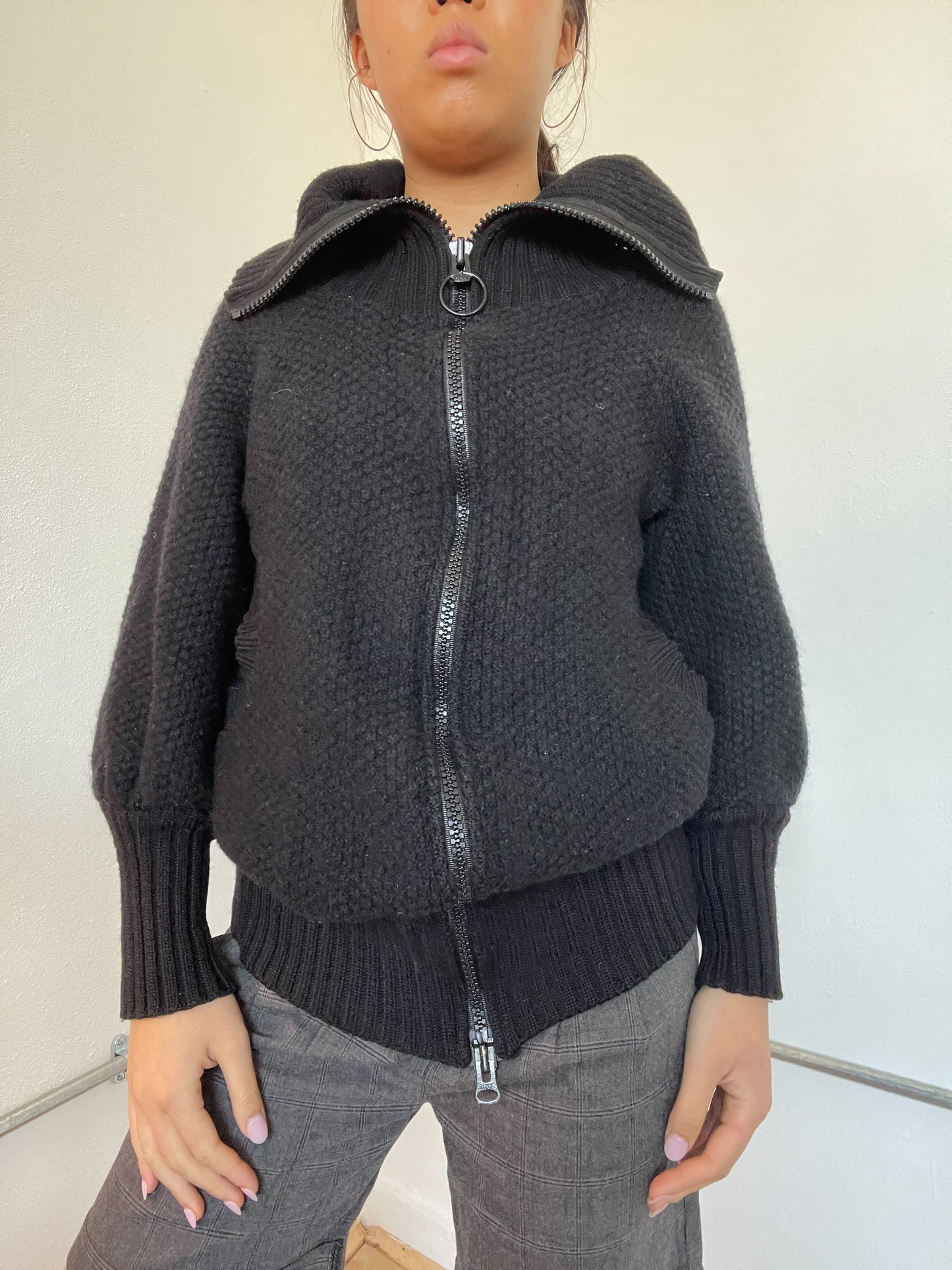 Black Textured Double Zip Cop Copine Knit Jumper