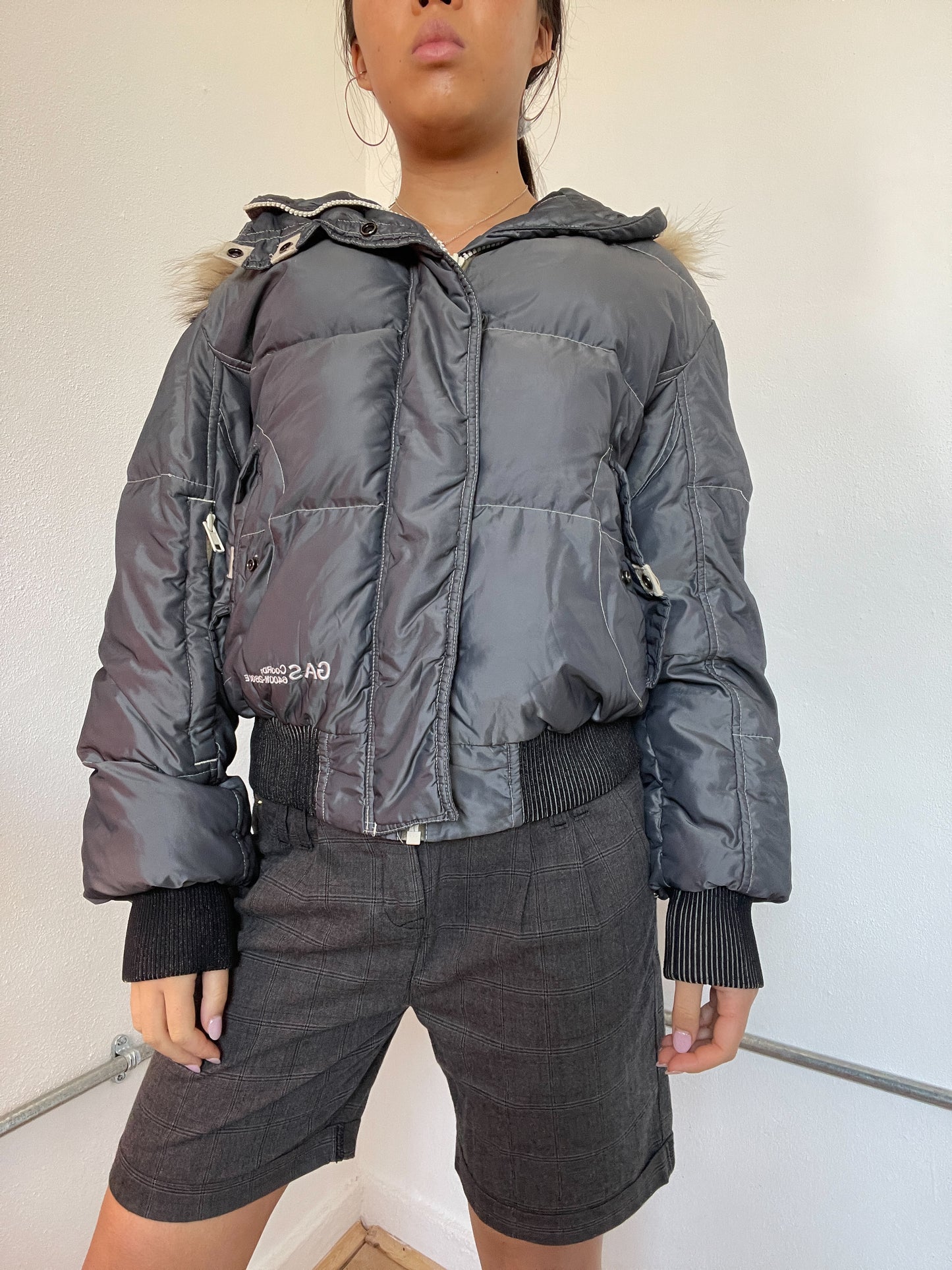 Grey Shiny Hooded Puffer Jacket