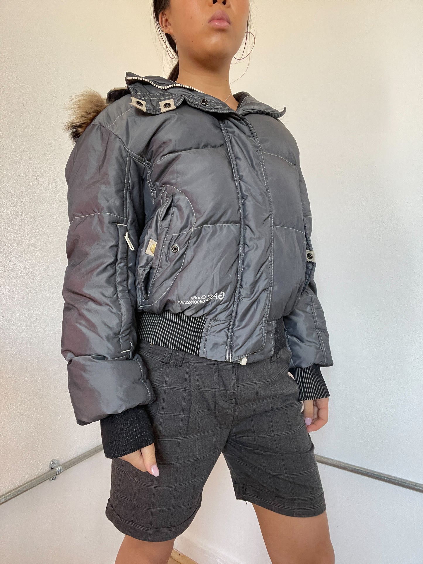 Grey Shiny Hooded Puffer Jacket